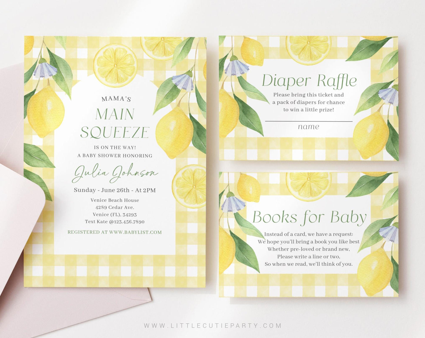Editable Mamas Main Squeeze Baby Shower Invitation, Main Squeeze Baby Shower Invite with Diaper Raffle, Books for Baby and Tag LMNBS003