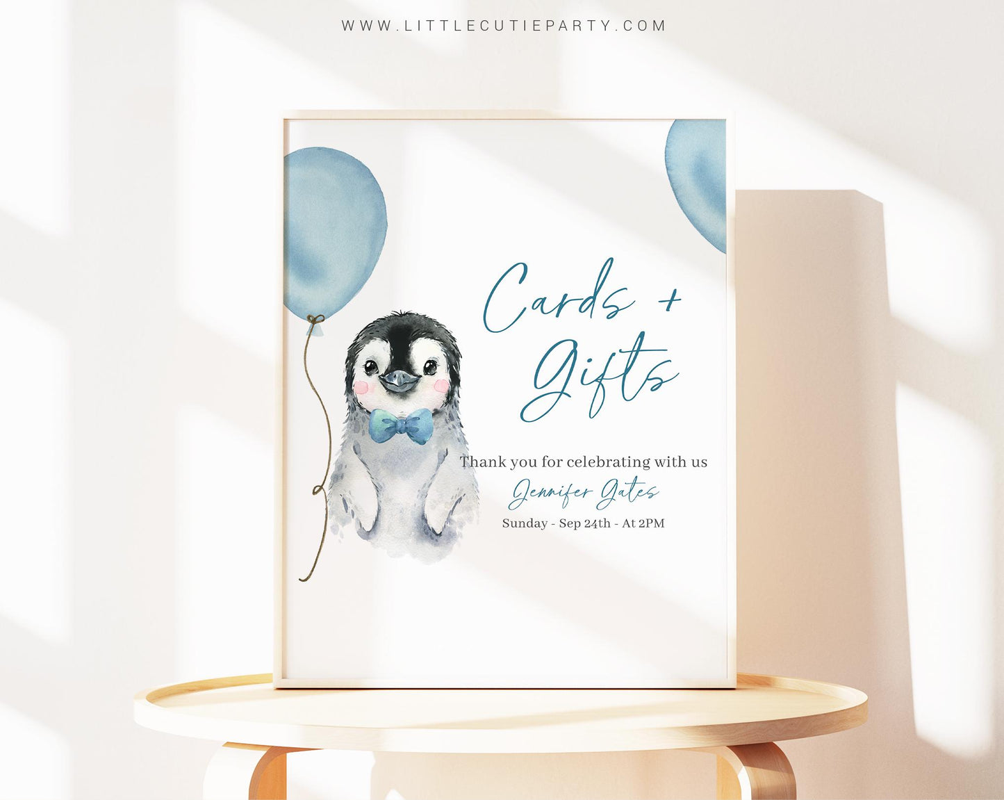 Editable Blue Penguin Baby Shower Sign, Custom Sign Template for Baby Shower Party with Penguin Baby Shower Boy Theme PENGBS002