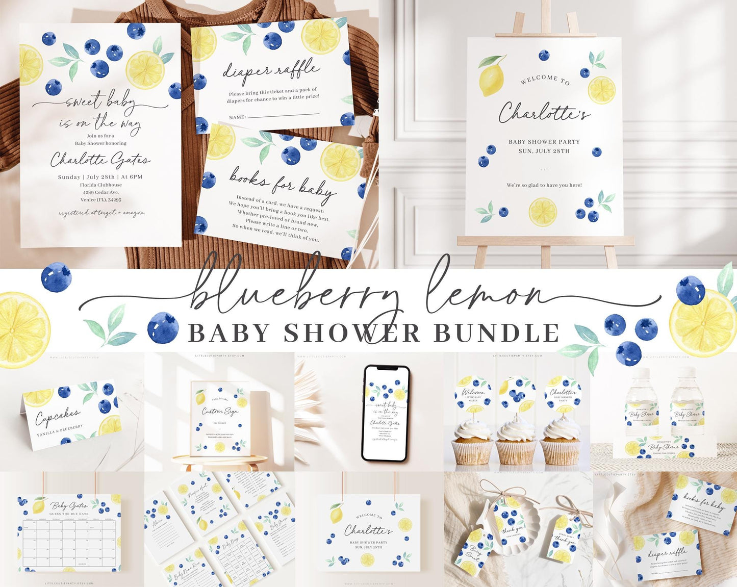 Editable Blueberry Lemon Baby Shower Bundle, Blueberry Lemon Baby Shower Decorations, with Games Bundle and All Decorations BLEMBS001