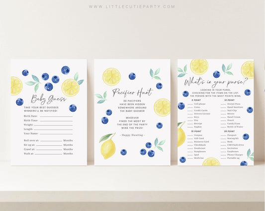 10 Editable Blueberry Lemon Baby Shower Games, Berry Sweet Baby Shower Games, Baby Shower Game Bundle, Blueberry Lemon Theme BLEMBS001