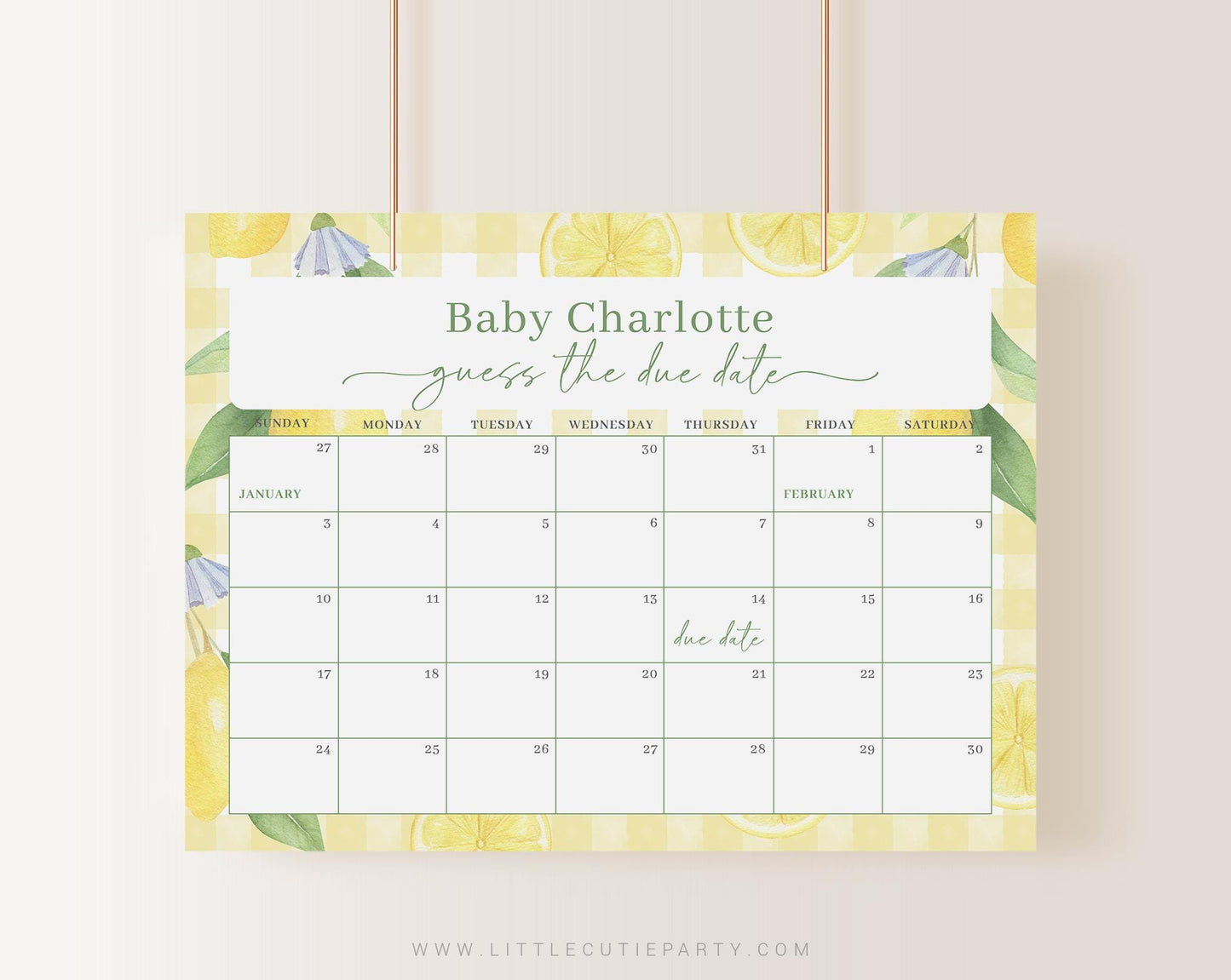 Editable Mamas Main Squeeze Baby Shower Calendar Prediction, Lemon Due Date Calendar, for Main Squeeze Baby Shower Theme LMNBS003