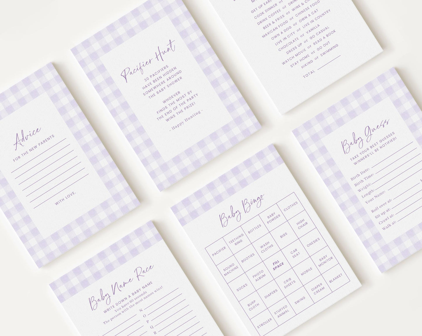 10 Editable Purple Gingham Baby Shower Games, Purple Baby Shower Games Bundle, Purple Gingham Set Lavender Gingham Party Games PGHBS001
