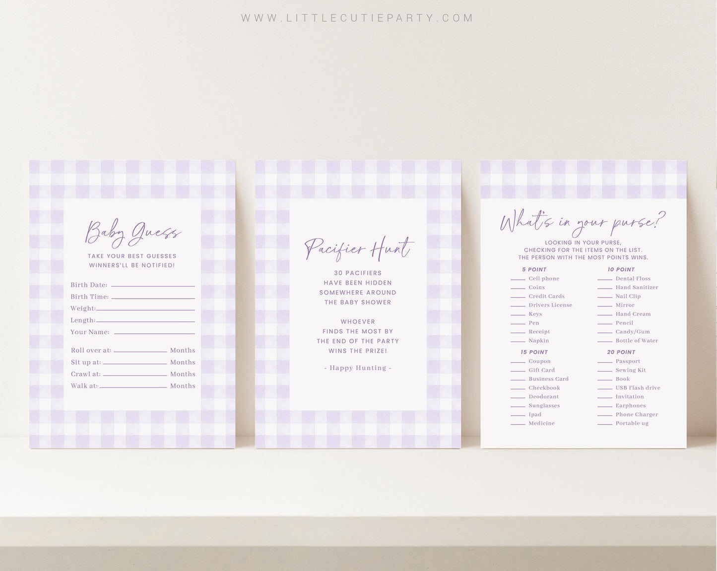 10 Editable Purple Gingham Baby Shower Games, Purple Baby Shower Games Bundle, Purple Gingham Set Lavender Gingham Party Games PGHBS001