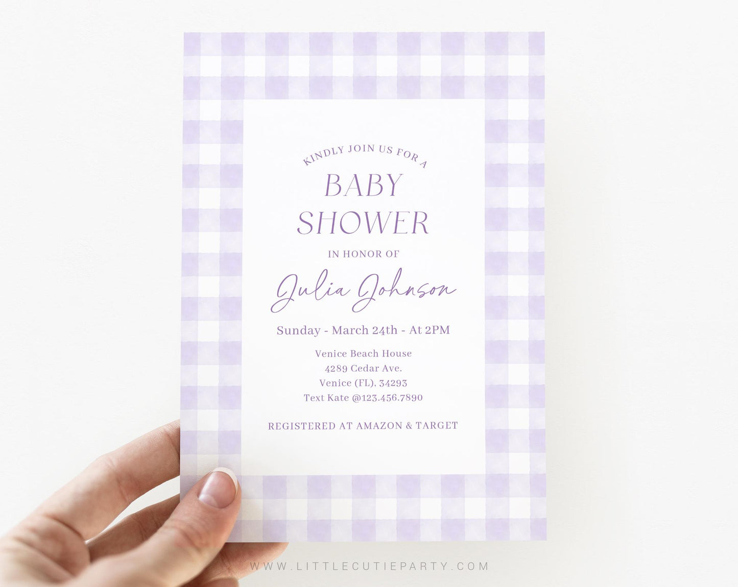 Editable Purple Gingham Baby Shower Invitation, Purple Baby Shower Invite, Purple Shower with Diaper Raffle, Books and Tag PGHBS001