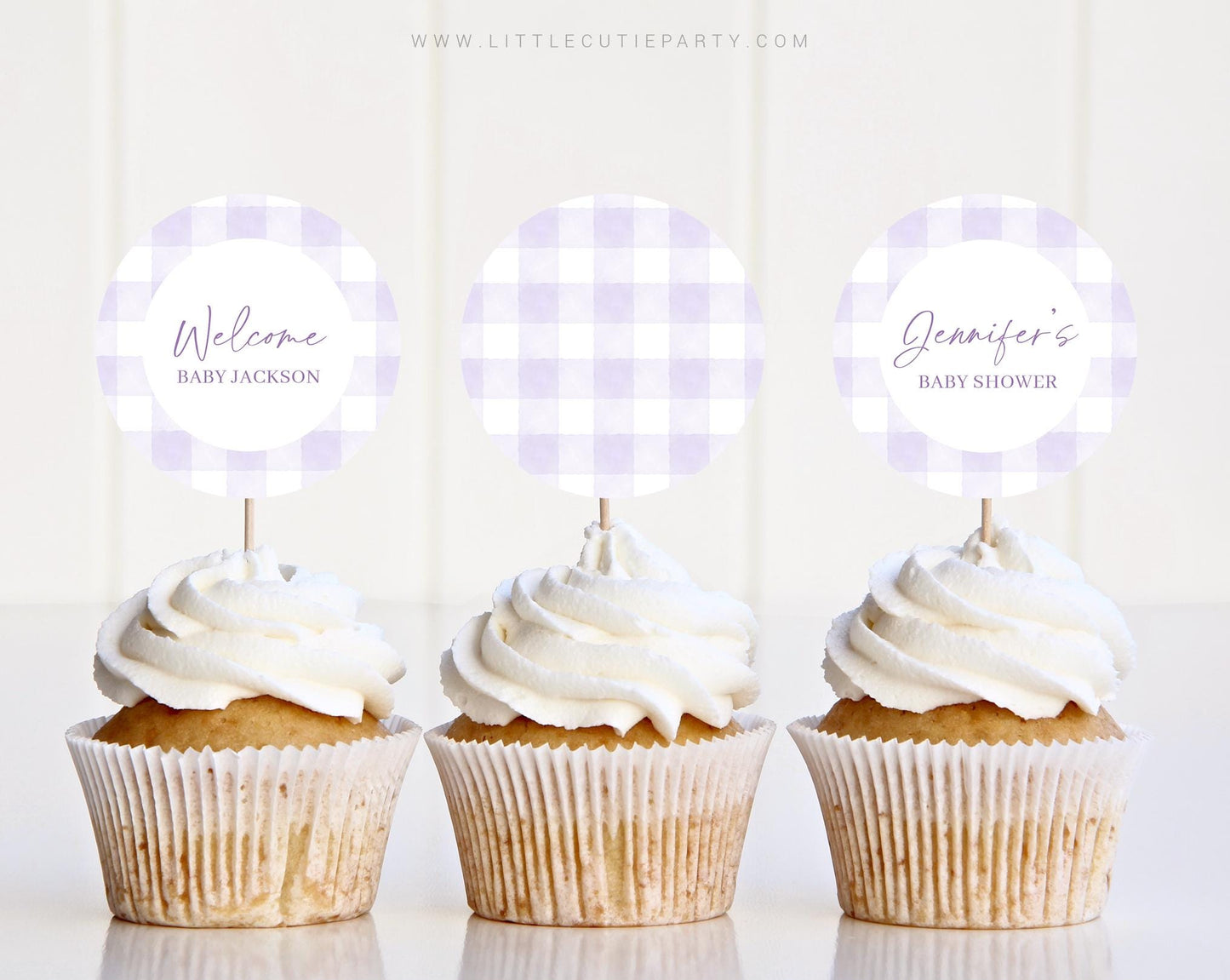 Editable Purple Gingham Cake Toppers, Purple Baby Shower Cupcake Toppers, Cake Topper Template, Purple Cake Topper Decorations PGHBS001