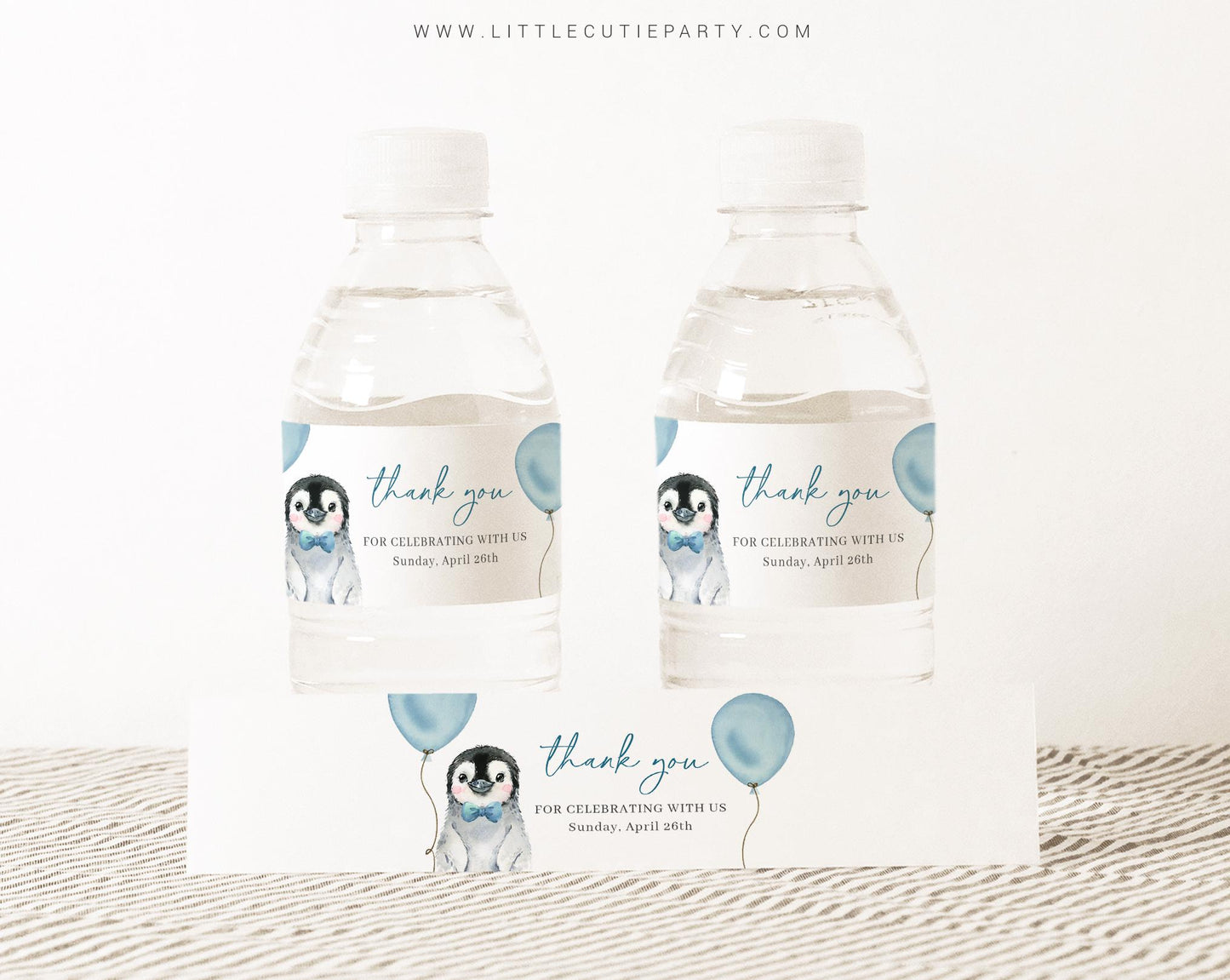Editable Blue Penguin Baby Shower Water Bottle Labels, Bottle Label for Penguin Baby Shower Theme Decorations PENGBS002
