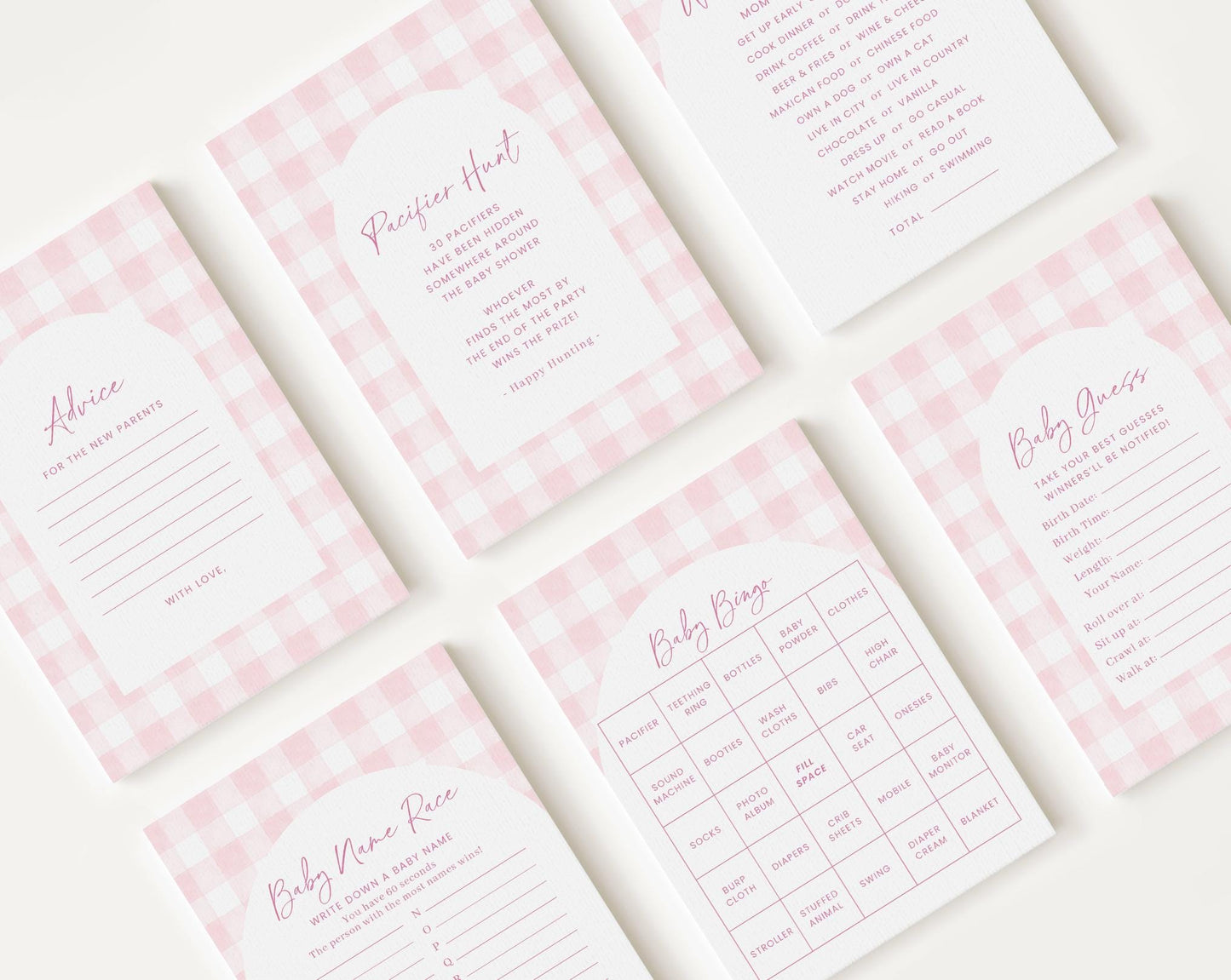 10 Editable Pink Gingham Baby Shower Games, Baby Girl Shower Games Bundle, Pink Bow Baby Game Bundle Set Neutral Baby Shower Games PGHBS002