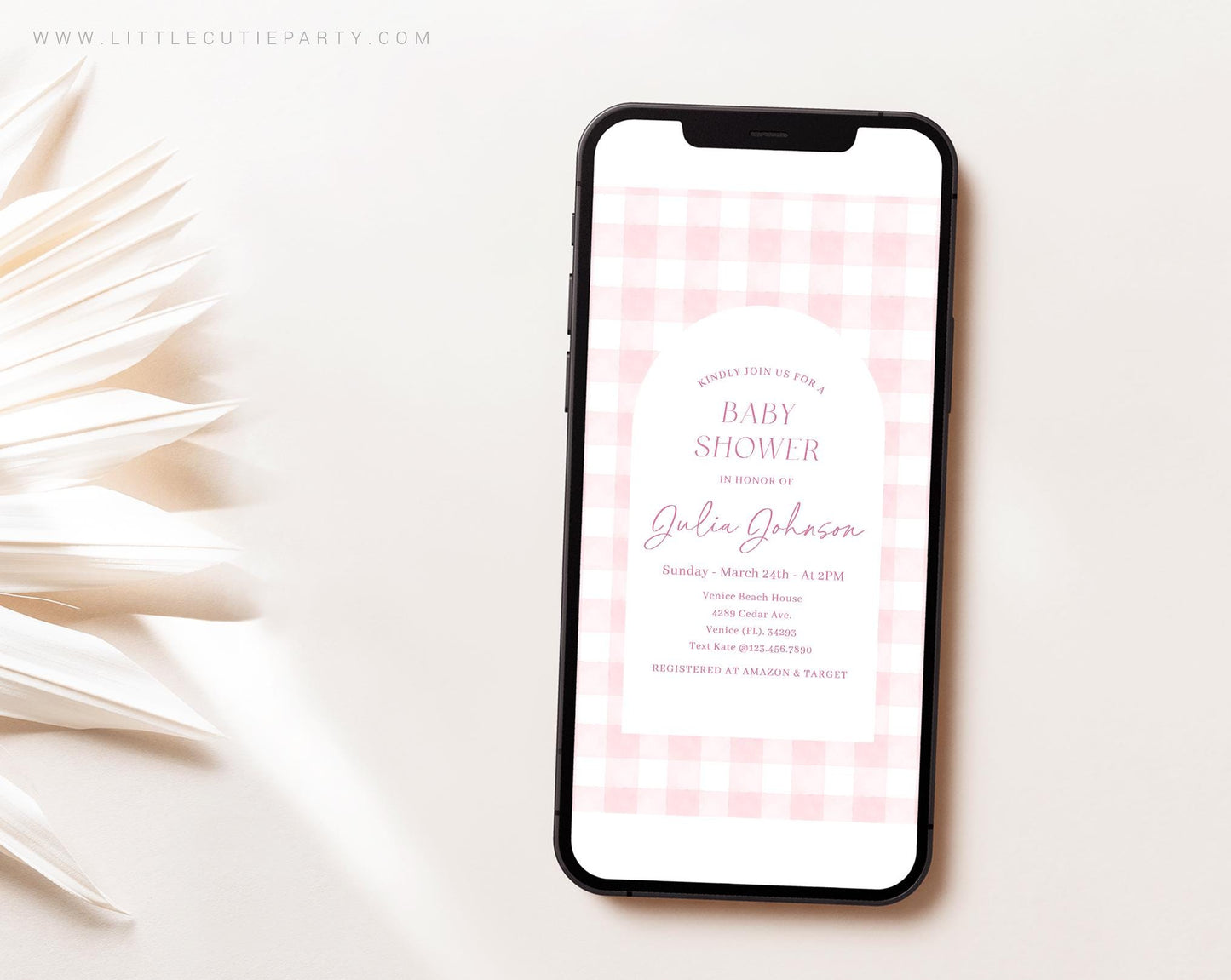 Editable Pink Gingham Baby Shower Invite, Pink Bow Baby Shower Invitations, Baby Shower Digital Invitation Evite for Baby Girls PGHBS002