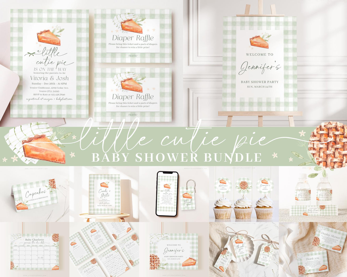 Editable Cutie Pie Baby Shower Bundle, Little Cutie Pie Sage Green Baby Shower Invitation with Games Bundle and Baby Shower Decor CTPBS003