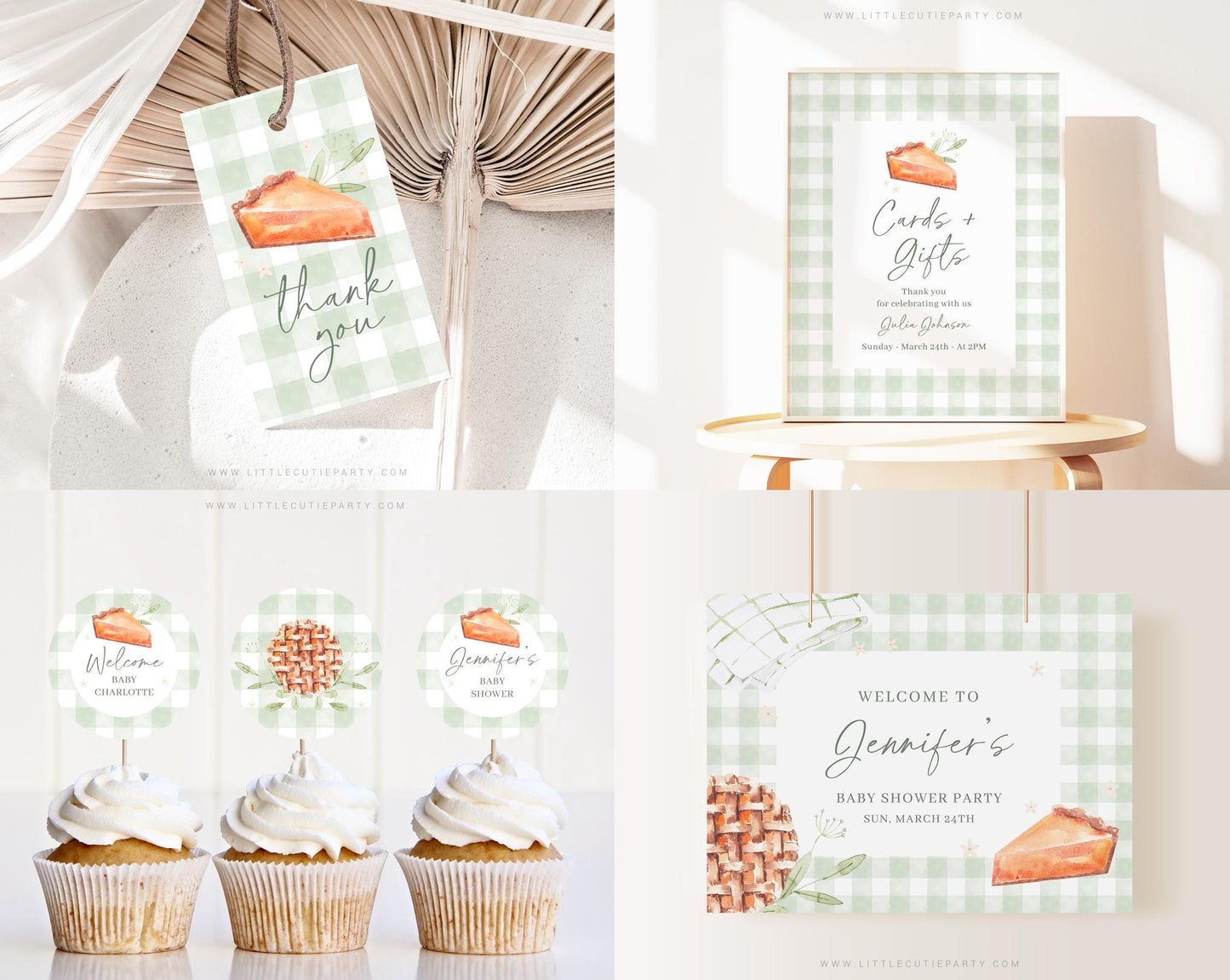 Editable Cutie Pie Baby Shower Bundle, Little Cutie Pie Sage Green Baby Shower Invitation with Games Bundle and Baby Shower Decor CTPBS003