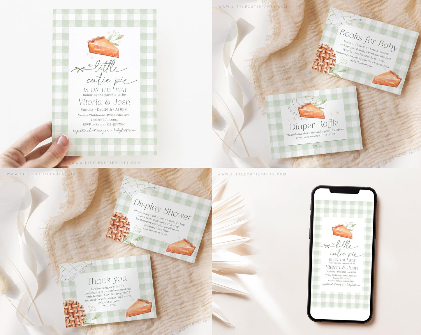 Editable Cutie Pie Baby Shower Bundle, Little Cutie Pie Sage Green Baby Shower Invitation with Games Bundle and Baby Shower Decor CTPBS003