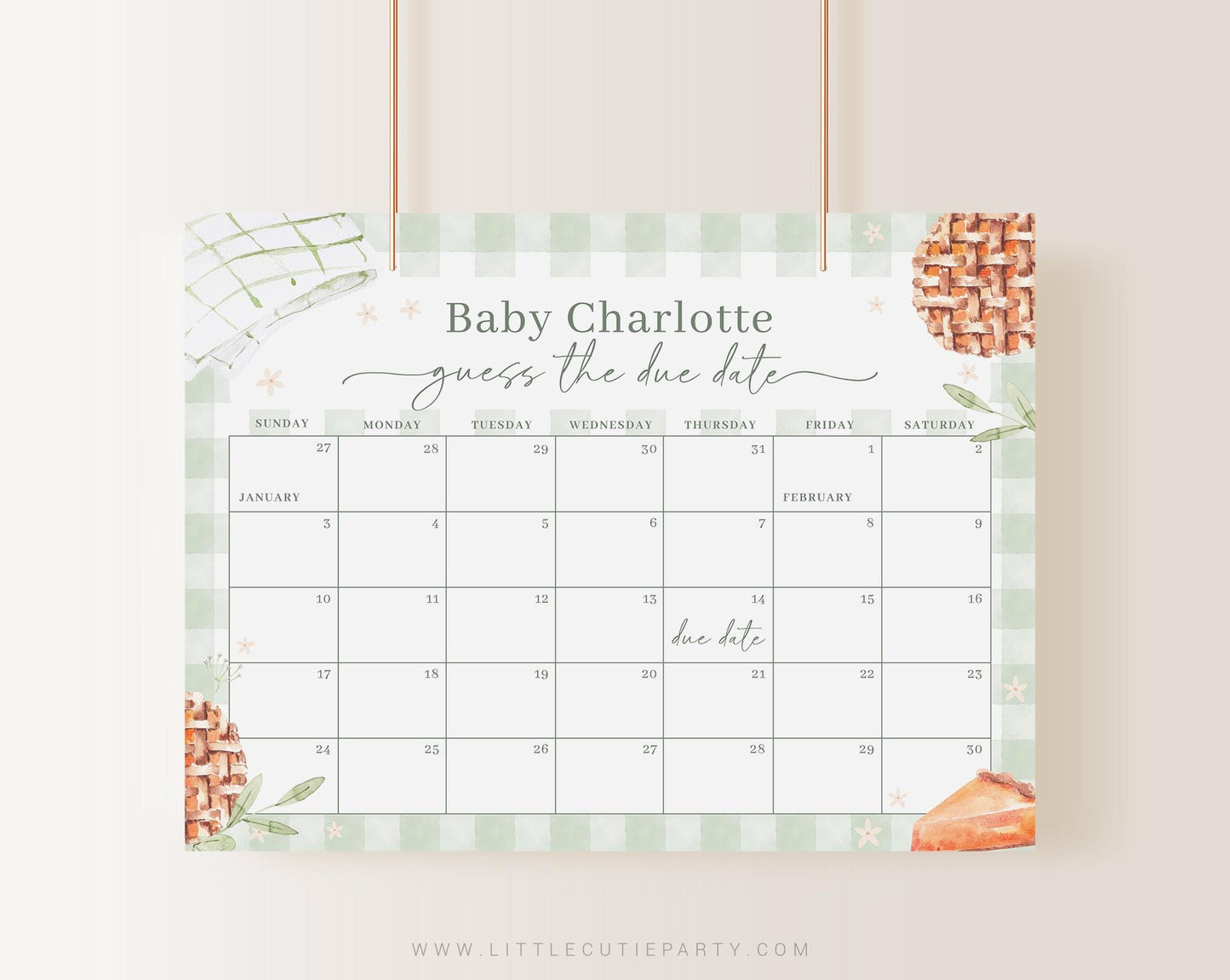 Editable Cutie Pie Baby Shower Due Date Calendar, Cutie Pie Sage Green Baby Shower Calendar Games for Thanksgiving Baby Shower CTPBS003
