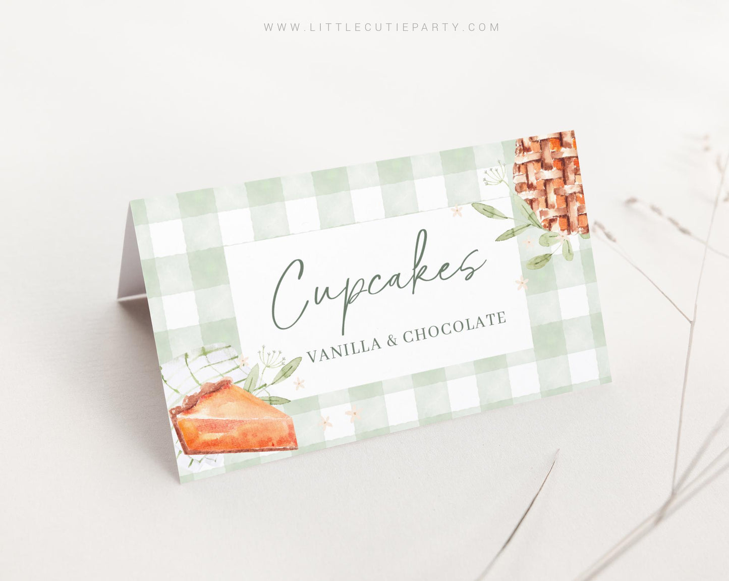 Editable Little Cutie Pie Food Labels, Sage Green Food Tent cards, Folded Food Cards for Cutie Pie Baby Shower Decorations Theme CTPBS003