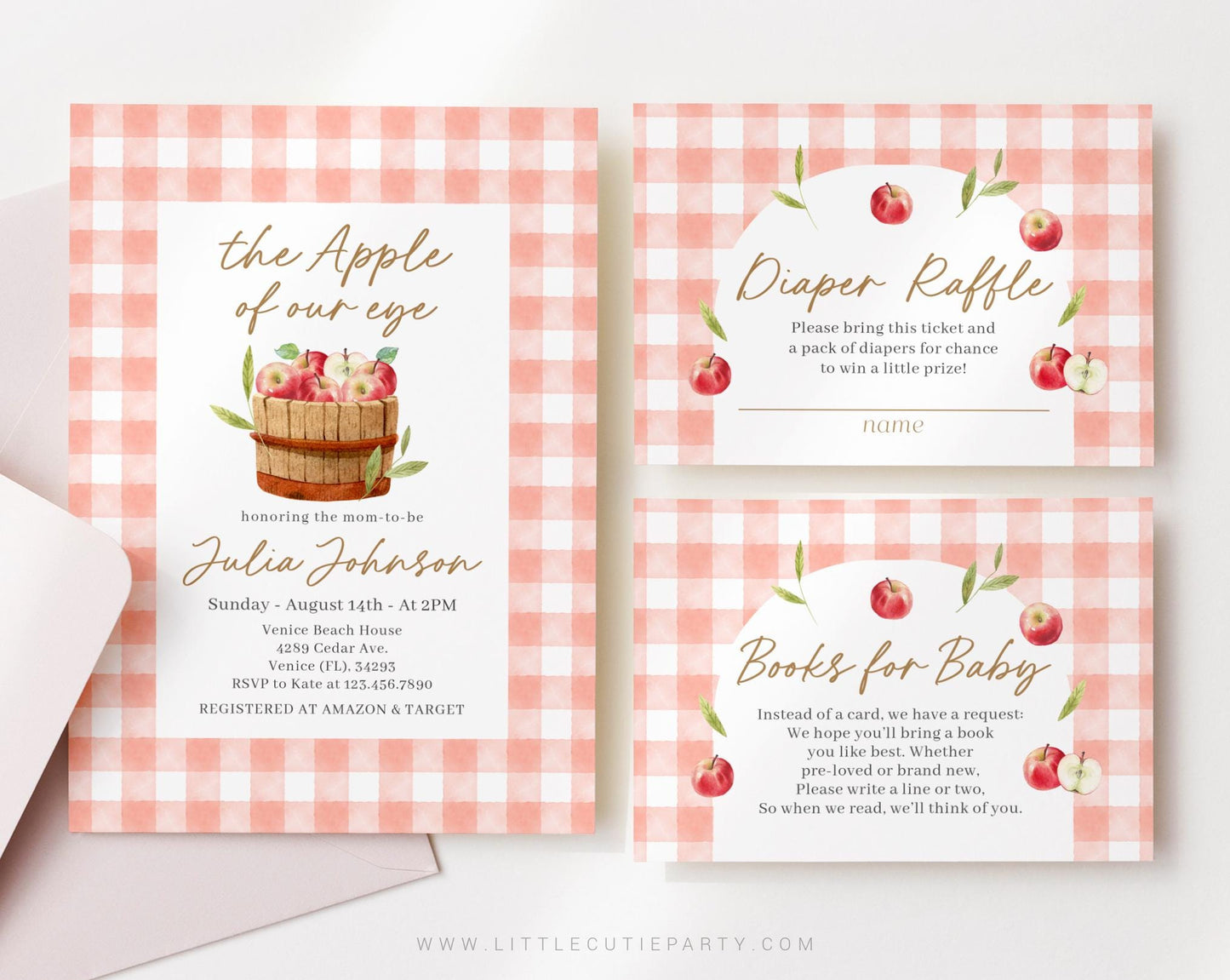 Editable Apple of Our Eye Baby Shower Invitation, Fall Baby Shower Invite with Diaper Raffle, Books for Baby and Tag APPBS001