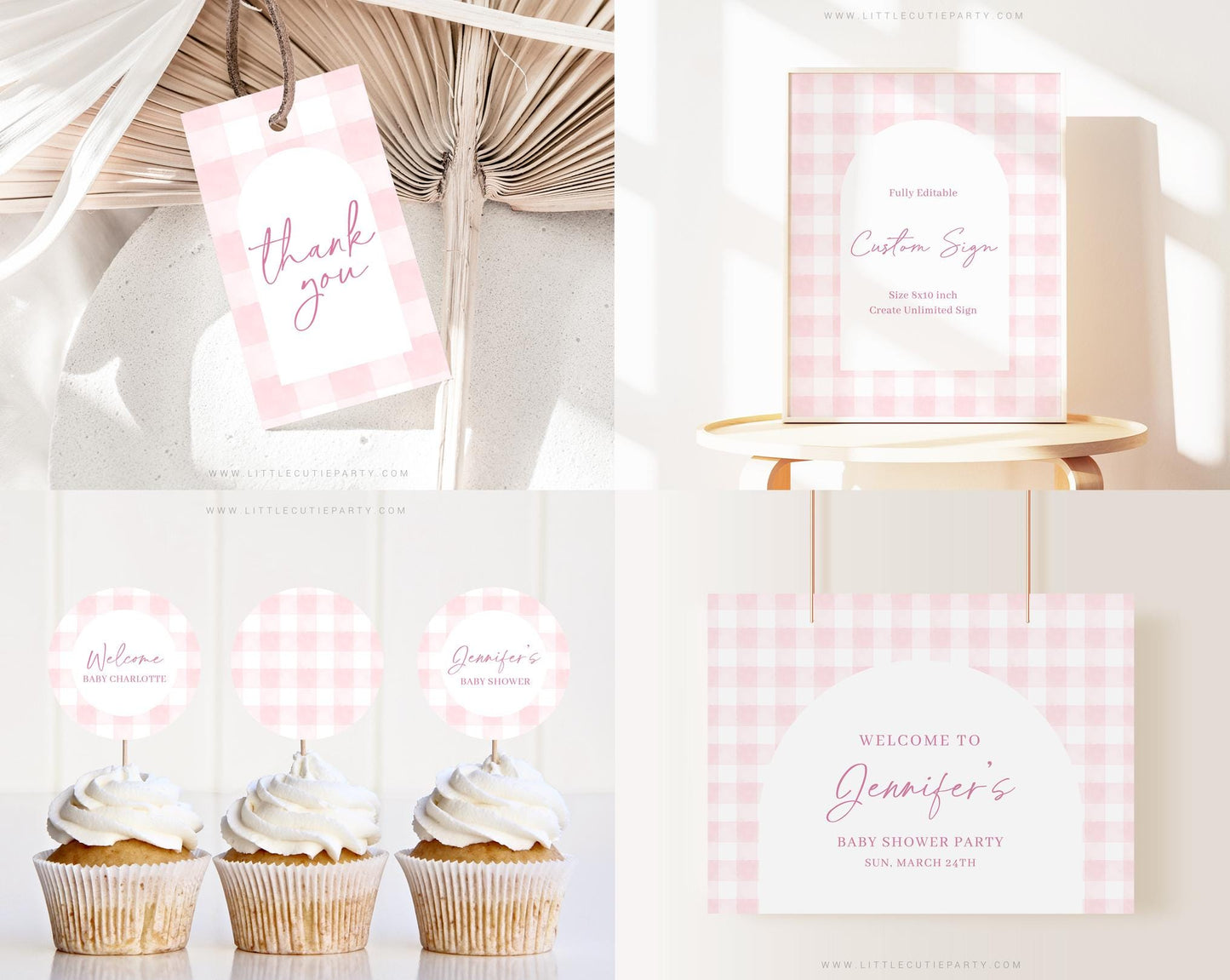 Editable Pink Bow Baby Shower Invitation Bundle, Pink Gingham Baby Shower Bundle Set with Baby Game Bundle and Shower Decorations PGHBS002