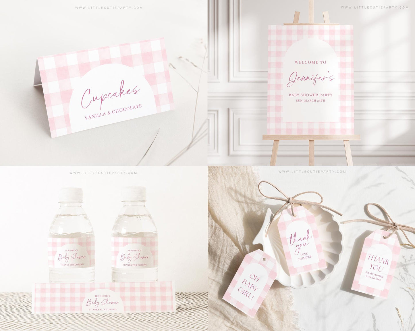 Editable Pink Bow Baby Shower Invitation Bundle, Pink Gingham Baby Shower Bundle Set with Baby Game Bundle and Shower Decorations PGHBS002