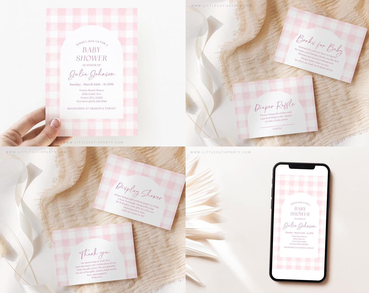 Editable Pink Bow Baby Shower Invitation Bundle, Pink Gingham Baby Shower Bundle Set with Baby Game Bundle and Shower Decorations PGHBS002