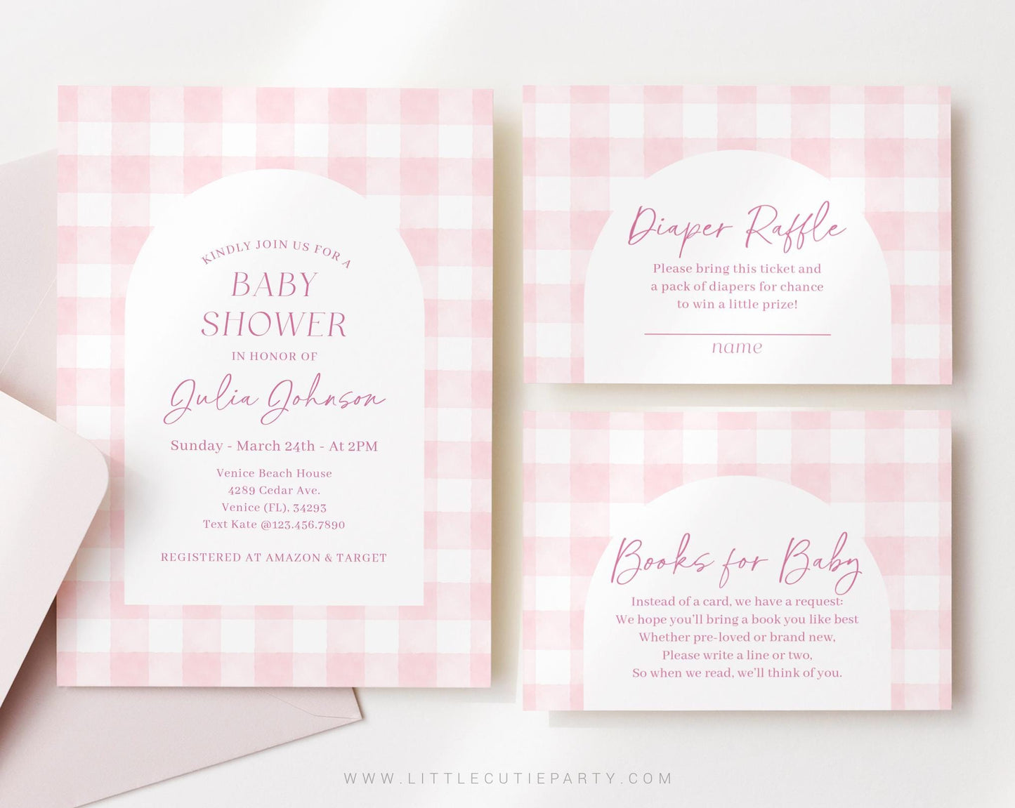 Editable Pink Gingham Baby Shower Invitation, Pink Bow Shower Invite, Its a Girl Shower with Diaper Raffle, Books for Baby and Tag PGHBS002