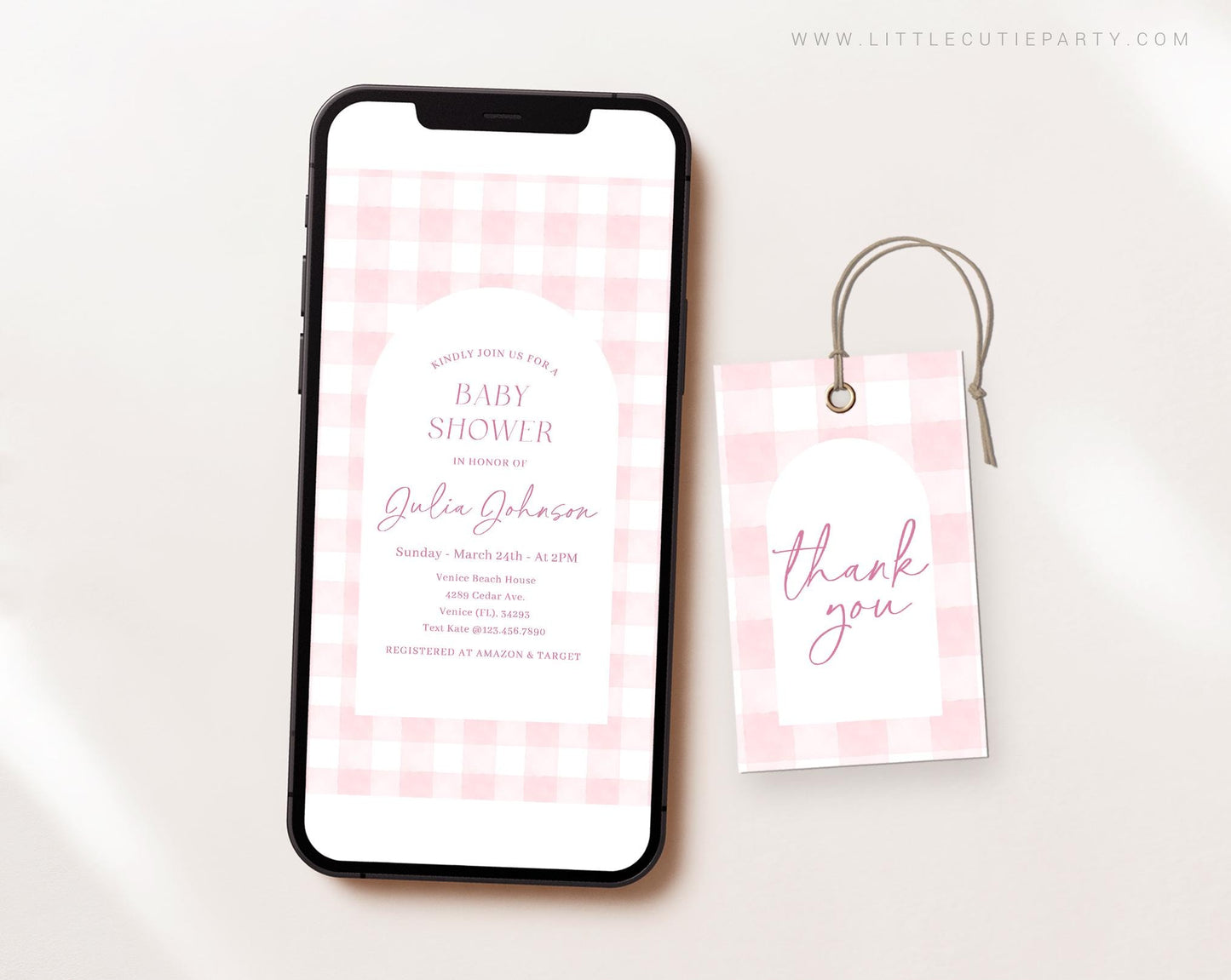 Editable Pink Gingham Baby Shower Invite, Pink Bow Baby Shower Invitations, Baby Shower Digital Invitation Evite for Baby Girls PGHBS002