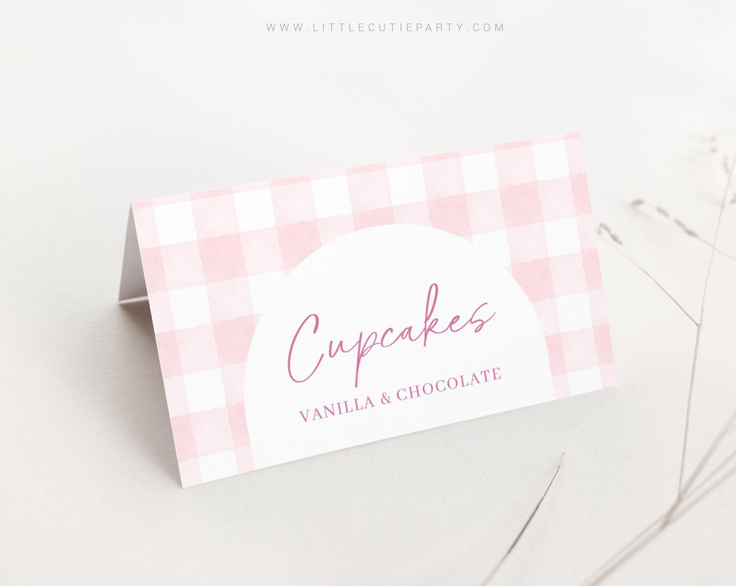 Editable Pink Gingham Baby Shower Food Labels, Food Tent cards, Folded Food Cards for Pink Bow Baby Shower Decorations Theme PGHBS002