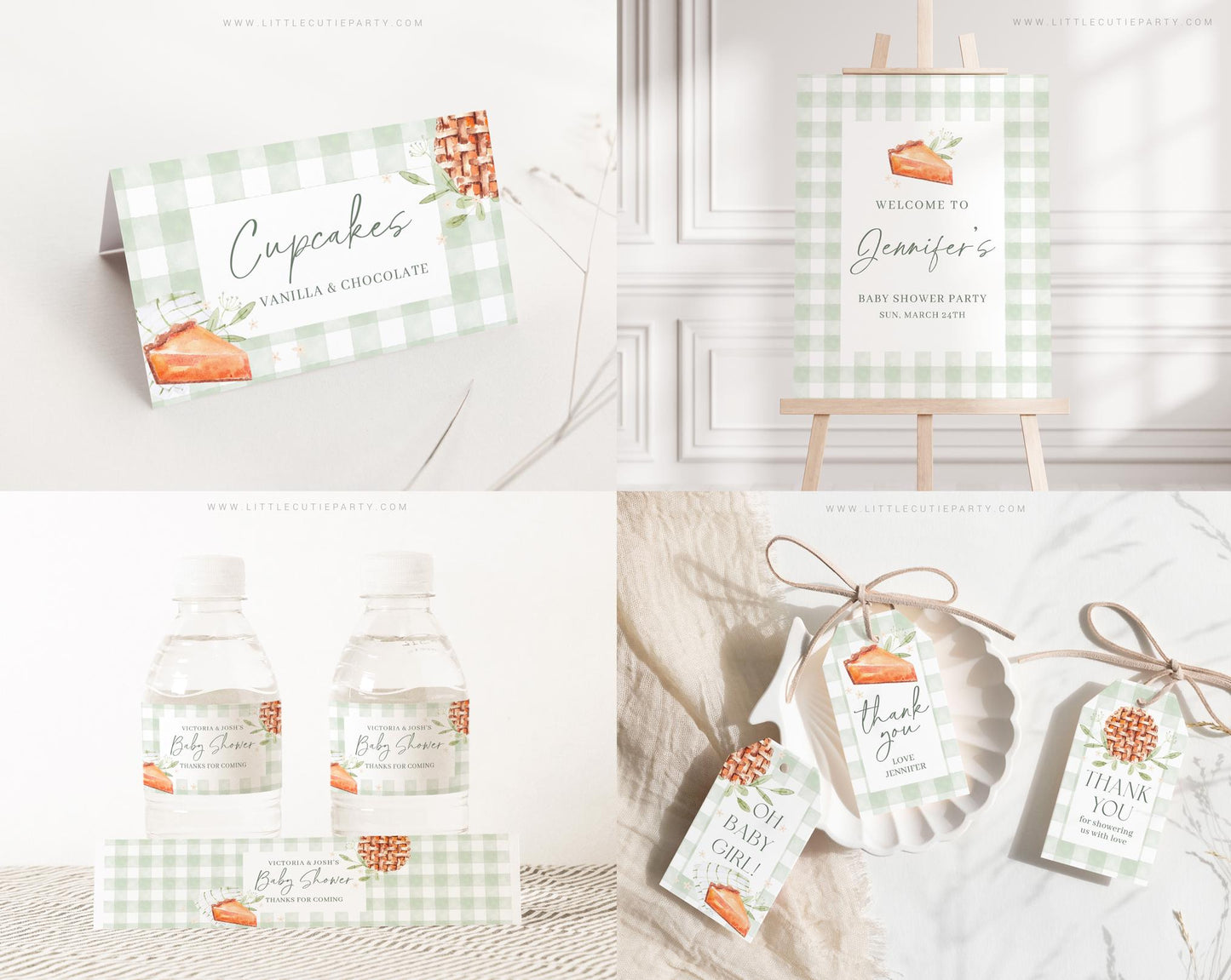 Editable Cutie Pie Baby Shower Bundle, Little Cutie Pie Sage Green Baby Shower Invitation with Games Bundle and Baby Shower Decor CTPBS003