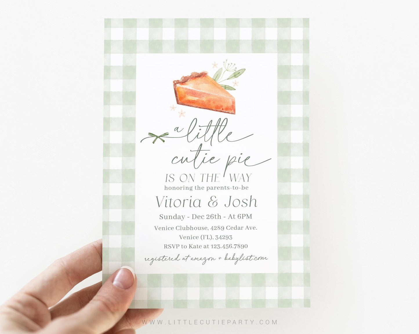 Editable Cutie Pie Baby Shower Invitation, Our Little Cutie Pie Sage Green Invitation with Diaper Raffle, Books for Baby and Tag CTPBS003