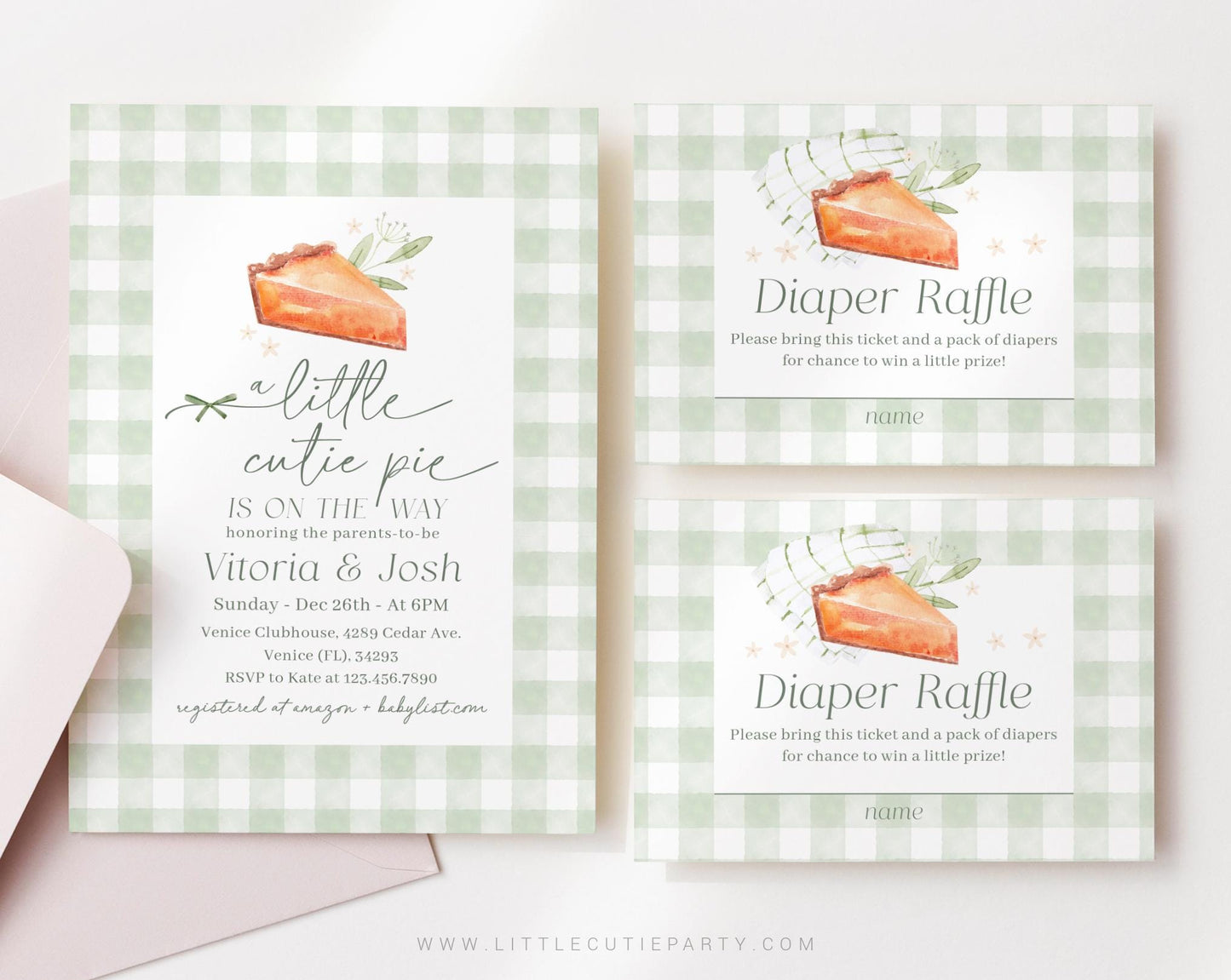 Editable Cutie Pie Baby Shower Invitation, Our Little Cutie Pie Sage Green Invitation with Diaper Raffle, Books for Baby and Tag CTPBS003