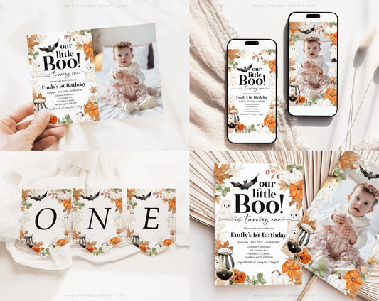Editable Little Boo Birthday Invite Bundle, Halloween Birthday Invitation, Little Boo is Turning 1 Birthday Bundle with Decorations LTBBD003