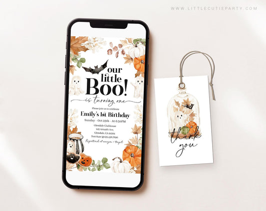 Editable Little Boo Birthday Invite, Little Boo is Turning One Birthday Template with Picture, Digital Invite with Gift Tag LTBBD003