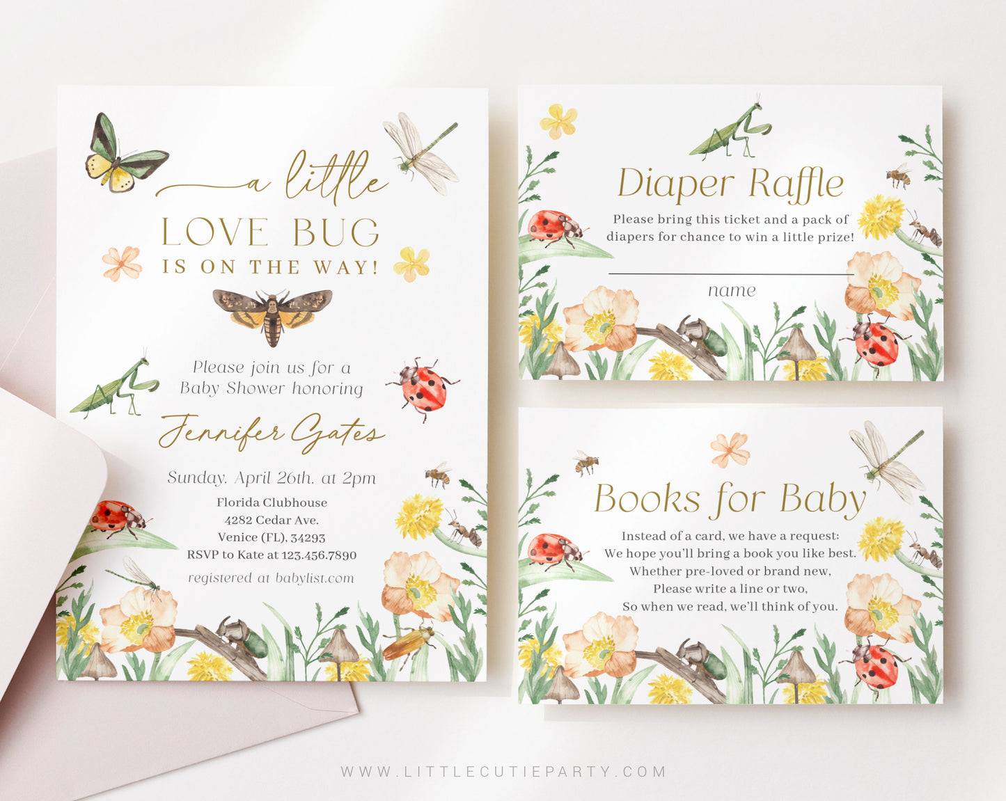 Editable Little Love Bug Baby Shower Invitations Template, Little Love Bug On the Way Invite Diaper Raffle, Books for Baby and Tag LVBBS001
