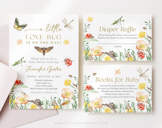 Editable Little Love Bug Baby Shower Invitations Template, Little Love Bug On the Way Invite Diaper Raffle, Books for Baby and Tag LVBBS001