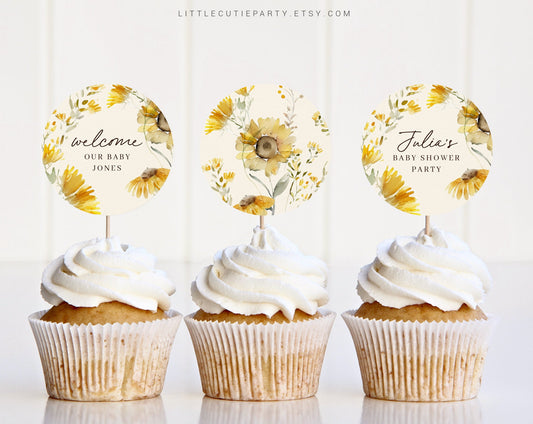 Editable Sunflower Cupcake Toppers, Sunflower Cake Topper for Party Decoration SUNFBS001