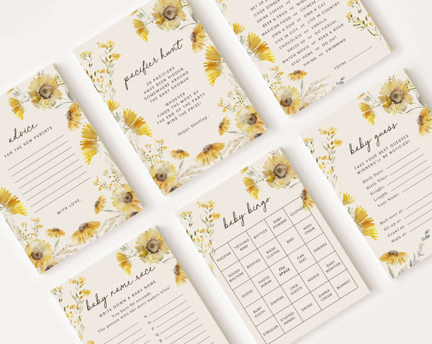 Editable Sunflower Baby Shower Game, Baby Shower Activity for Sunflower Baby Shower Party SUNFBS001