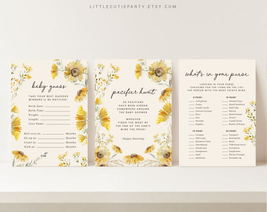 Editable Sunflower Baby Shower Game, Baby Shower Activity for Sunflower Baby Shower Party SUNFBS001