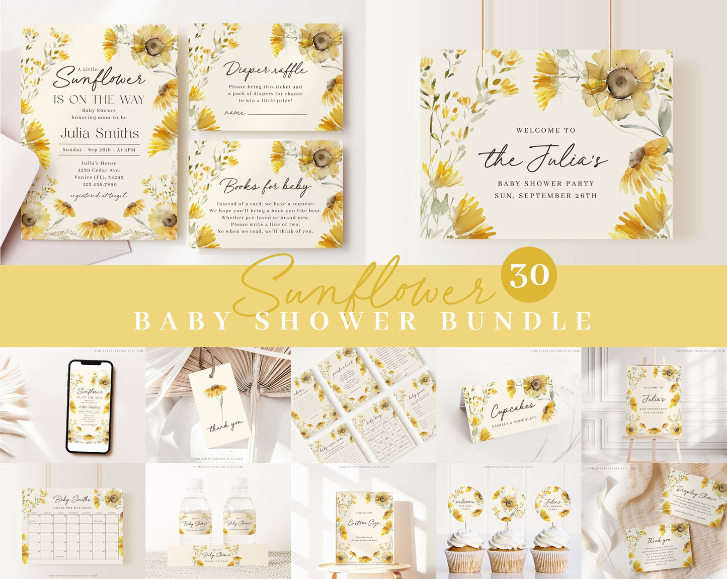 Editable Sunflower Baby Shower Bundle, Sunflower Baby Shower Invitation Bundle, with Games Bundle SUNFBS001