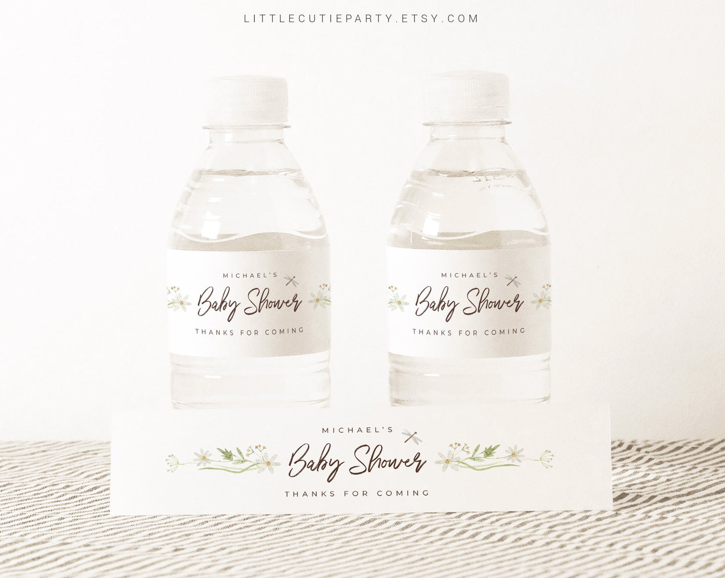 Editable White Flower Water Bottle Labels, Cute Duck Bottle Labels, Baby Shower Party Decorations DUCKBS001