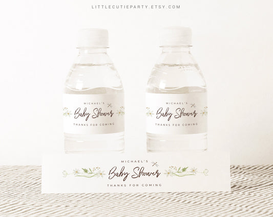 Editable White Flower Water Bottle Labels, Cute Duck Bottle Labels, Baby Shower Party Decorations DUCKBS001
