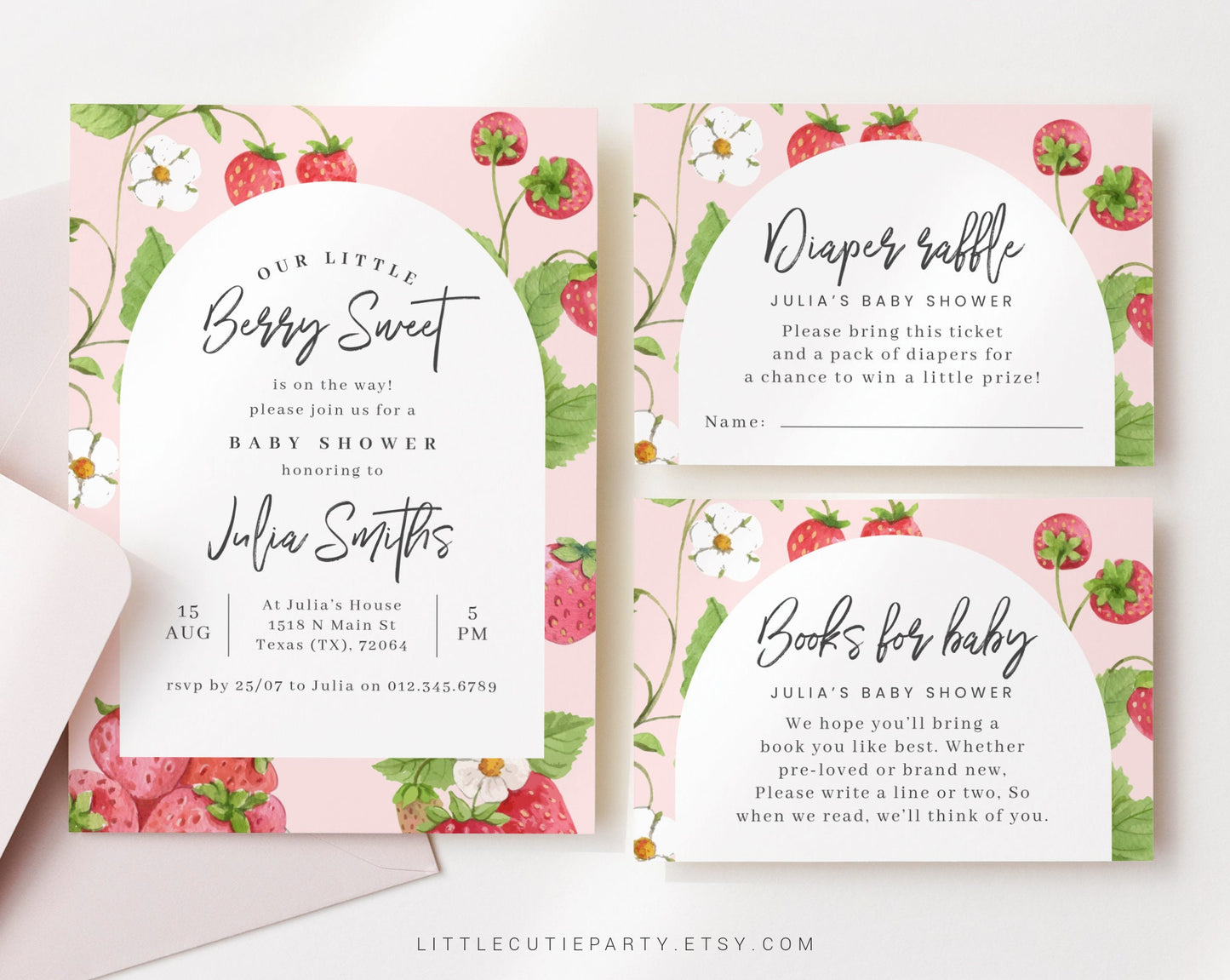 Editable Strawberry Baby Shower Invitation, Berry Sweet Baby Shower Invitation, Strawberry Decor for a Baby Shower Party STRWBS001