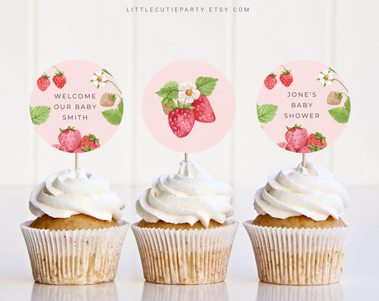 Editable Strawberry Cupcake Toppers, Strawberry Cake Topper for Party Decoration STRWBS001