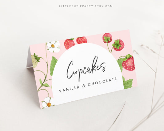 Editable Strawberry Food Labels, Food Tent cards, Food Tags, Folded Food Cards for Strawberry Baby Shower Party STRWBS001