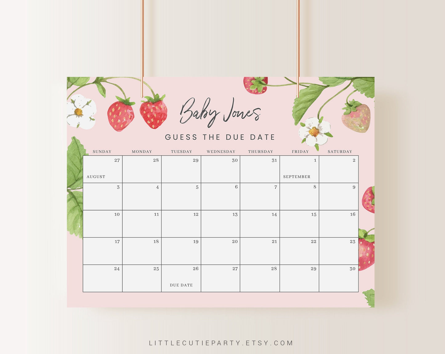 Editable Strawberry Baby Shower Due Date, Duck Baby Calendar Game, Due Date Calendar for Strawberry Party STRWBS001