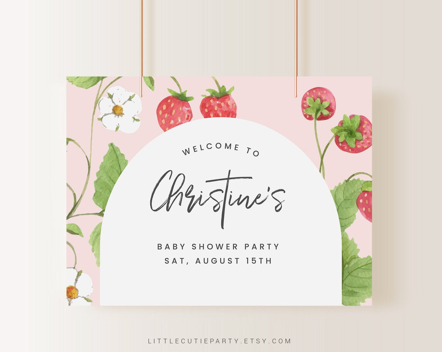 Editable Strawberry Baby Shower Banner, Strawberry Backdrop, Strawberry Vinyl Banner for Strawberry Party STRWBS001