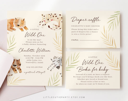 Editable a Little Wild One Baby Shower Invitation, a Wild One is on the Way Baby Shower, Safari Wild One Baby Shower Diaper Raffle WILDBS001