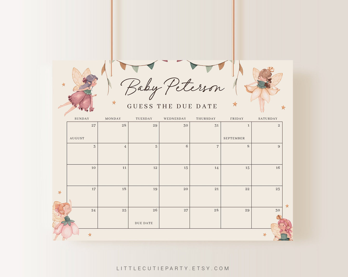 Editable Fairy Baby Shower Due Date, Fairy Baby Calendar Game, Due Date Calendar for Fairy Party FAIRBS001