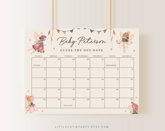 Editable Fairy Baby Shower Due Date, Fairy Baby Calendar Game, Due Date Calendar for Fairy Party FAIRBS001