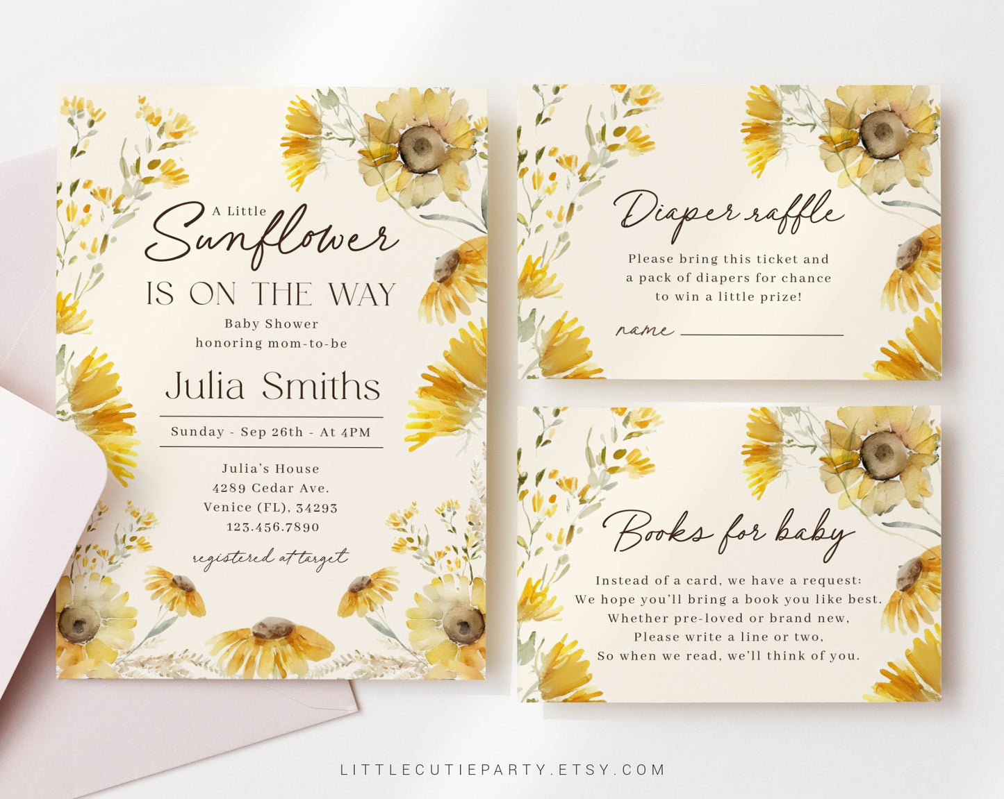 Editable Sunflower Baby Shower Invite, Sunflower Baby Shower Decoration, with Diaper Raffle, Books for Baby SUNFBS001