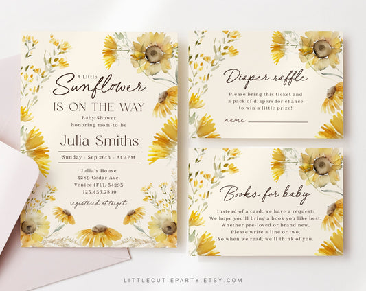 Editable Sunflower Baby Shower Invite, Sunflower Baby Shower Decoration, with Diaper Raffle, Books for Baby SUNFBS001