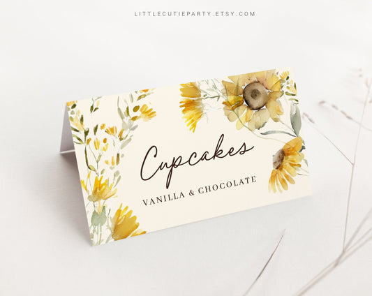 Editable Sunflower Food Labels, Food Tent cards, Food Tags, Folded Food Cards for Sunflower Baby Shower Party SUNFBS001