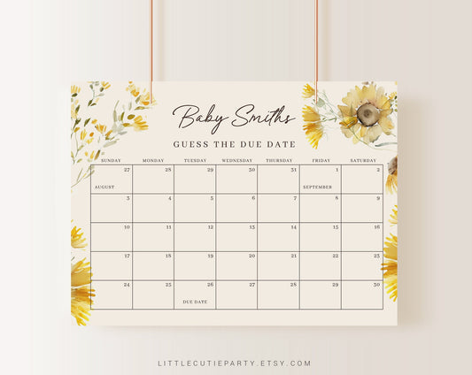 Editable Sunflower Baby Shower Due Date, Sunflower Baby Calendar Game, Due Date Calendar for Sunflower Party SUNFBS001
