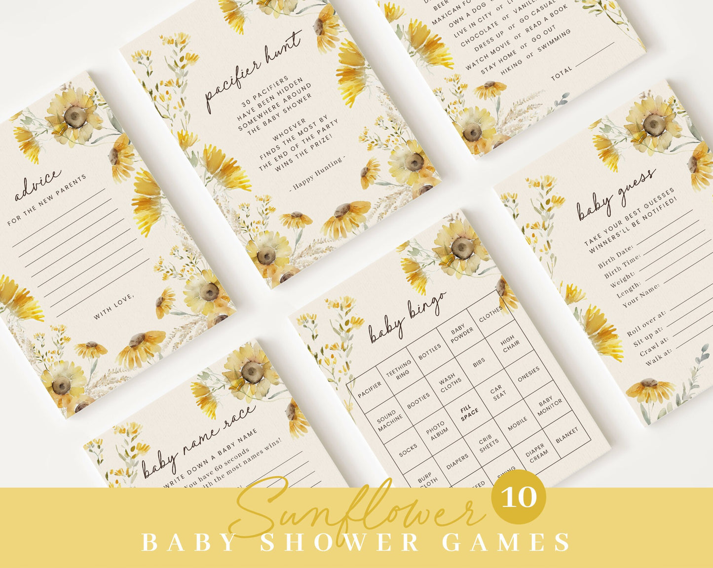 Editable Sunflower Baby Shower Bundle, Sunflower Baby Shower Invitation Bundle, with Games Bundle SUNFBS001